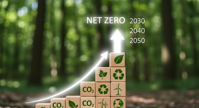Net zero 2030 carbon reduction goal with upward graph and nature icons