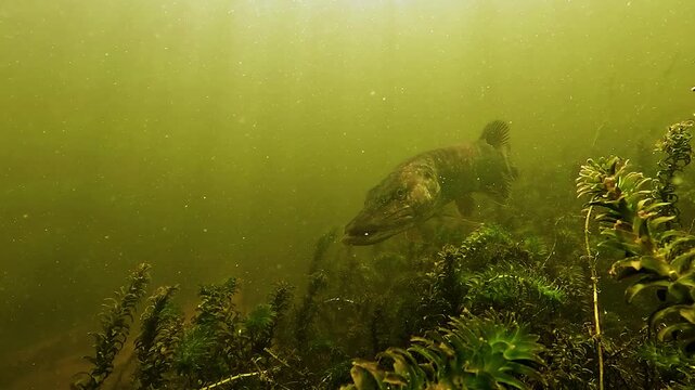 Front then side underwater view of northern pike - Esox lucius - remaining motionless above aquatic plants on the bottom of a French lake. Ambush predator relying on camouflage and patience.