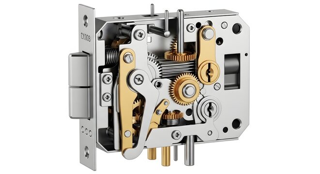 Internal mechanism of modern steel door lock showing gears and levers.