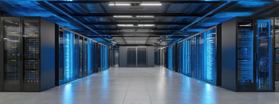 Rows of server racks illuminated by blue lights in a modern data center