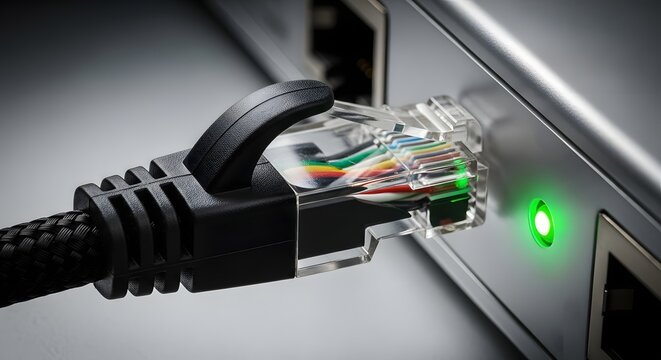 Ethernet network cable plugged into computer port with green light on.
