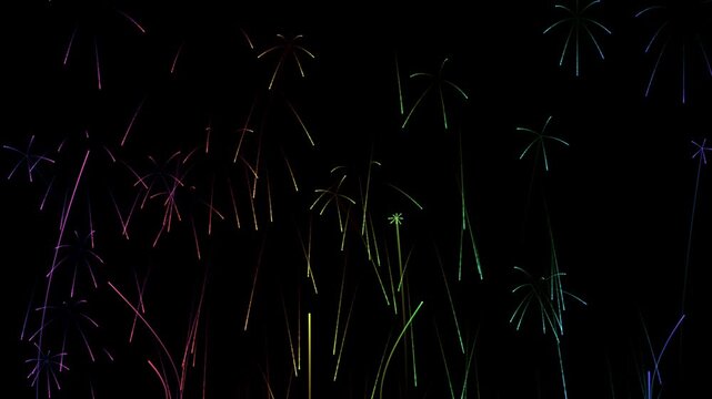 Video with animation of a linear neon fireworks on a black background. Black background with fireworks explosions with iridescent colorful sparks and scattering lines.