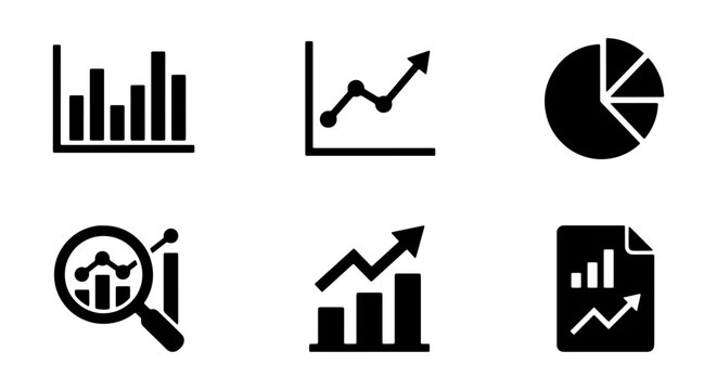 Business Analytics Icons Set, Financial Data Charts, Growth Graphs, Magnifying Glass Analysis, Vector Symbols for Reports