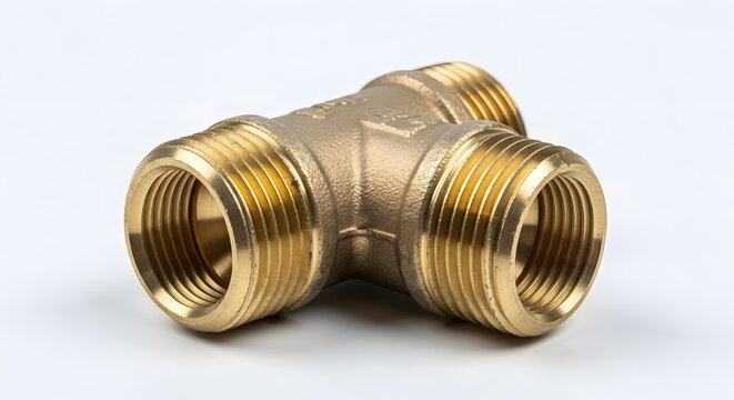 Solid brass tee pipe fitting with three threaded connections on white.