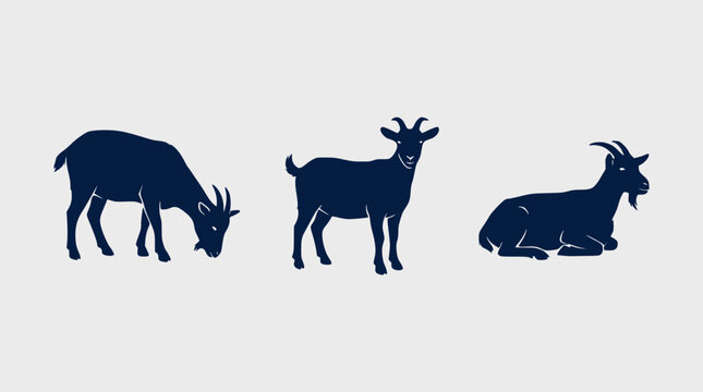 Silhouette of goats with horns in various poses grazing and resting