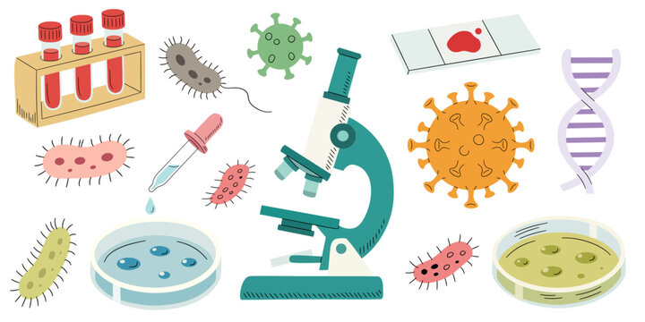 Microbiology and virology science elements in hand drawn cartoon style. Microscope, Petri dishes, viruses, pathogens and microorganisms. Educational medical set for biology research, healthcare