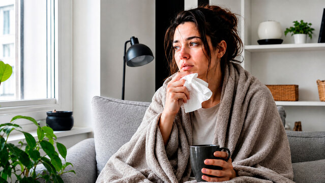 Sick young woman wrapped in a blanket holding a tissue and mug. Unwell female resting on couch at home with cold or flu symptoms. Healthcare and recovery concept