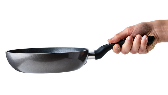 Hand holding a dark grey non-stick frying pan with black handle