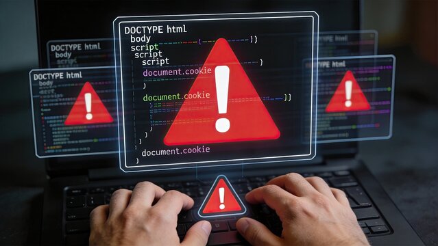 Cybersecurity alert on laptop screen, hacker attack warning with red triangle icon and code script, digital data breach concept, online privacy protection, network security threat