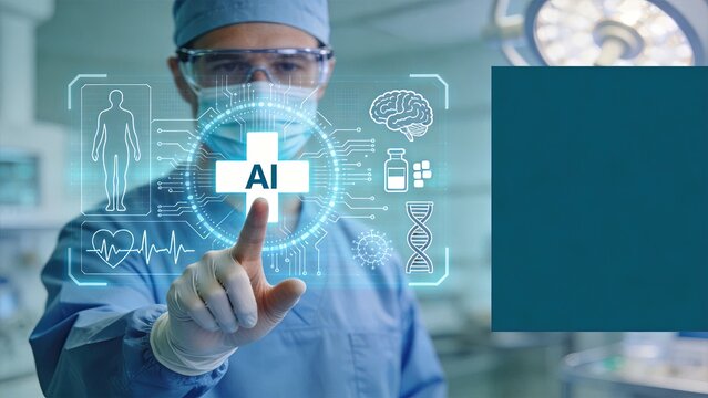 Surgeon interacting with futuristic AI medical interface displaying human body scan, brain map and virus structure, symbolizing artificial intelligence in healthcare, robotic