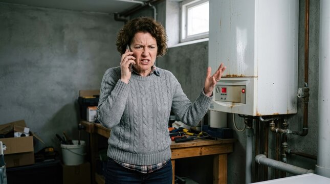 A woman is speaking urgently into a cell phone in a cluttered basement. She is visibly distressed, gesturing emphatically with her hands.