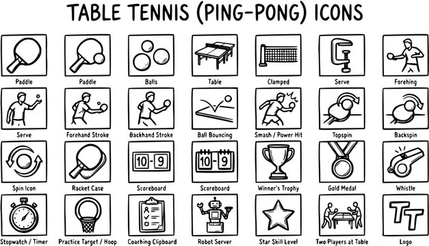 Table Tennis (Ping-Pong) Black and White Line Art Icons Set. Sports equipment, actions, and concepts glyph collection.