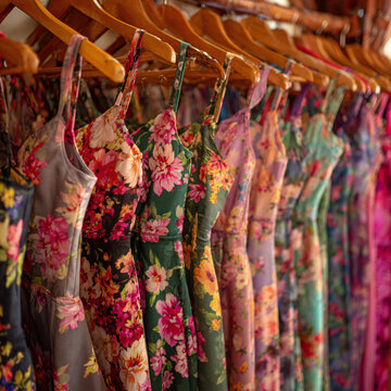 Selection of multicolored ladies' flowers design long frocks in the wooden hangers 