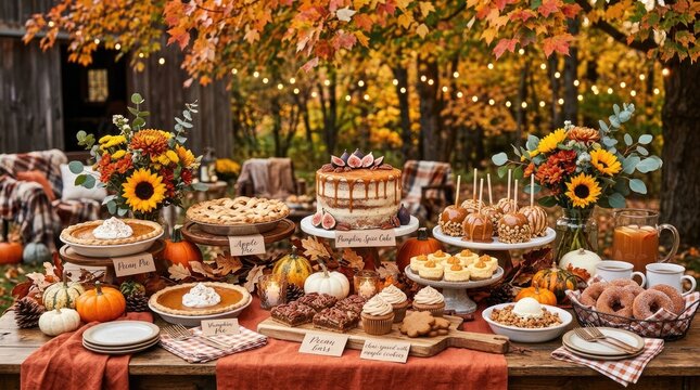 A rustic table displays an abundance of fall desserts.