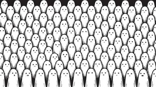 A stylized grid of ghostly figures arranged in a dense crowd formation using minimalist line art.