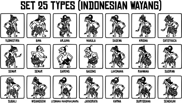 Black and White Line Art Glyphs of 25 Traditional Indonesian Wayang Shadow Puppet Characters, representing Indonesian Culture and Mythology