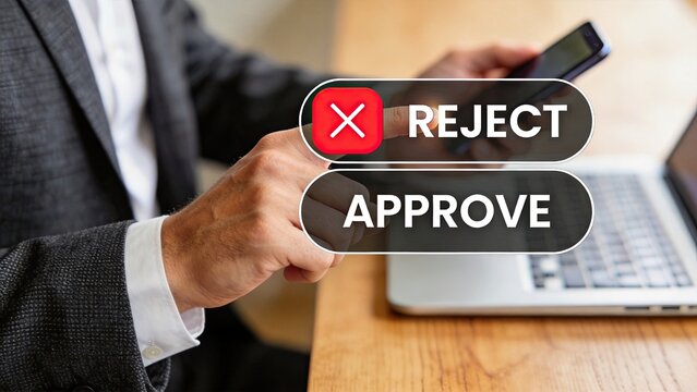 Hand touching reject or approve button on mobile interface, decision making concept for application review, authorization and permission management.