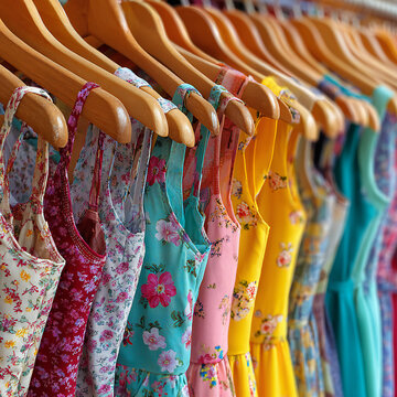 Selection of multicolored ladies' full short frocks in the wooden hangers in the cloth shop