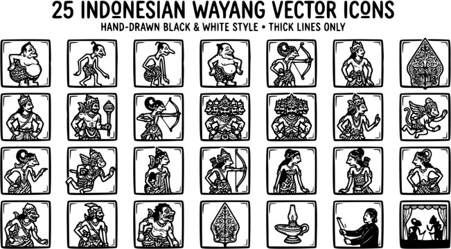 Traditional Indonesian Wayang Puppet Characters Vector Icons Collection. Hand-Drawn Black  White Asian Culture Mythology Line Art Symbols Set.