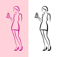 Logotipo perfumería. Dibujo minimalista con líneas de una mujer con un vestido sujetando una botella de perfume en la mano  © teracreonte