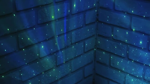 Blue aurora light on brick wall background, glowing urban texture and modern abstract design concept.