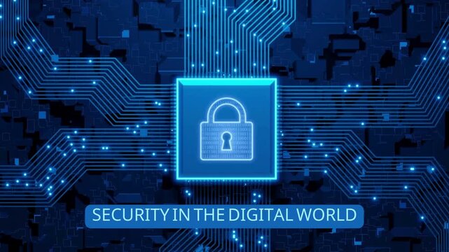 Digital security concept with a glowing padlock icon set against a background of interconnected circuits, representing data protection and cyber safety