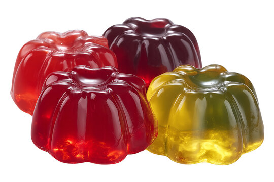 Assorted colorful jelly desserts. Gelatin pudding collection in different shapes and flavors. Sweet candy food set isolated on white background