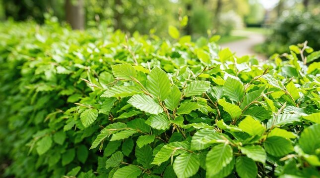 A dense, vibrant green hedge fills the foreground of the image, creating a blurred backdrop of a park pathway and trees. The leaves are small and pointed, typical of a beech hedge.
