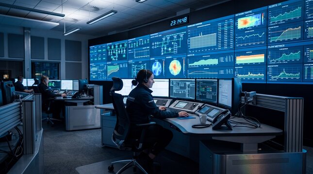  Professional Working in a Modern Control Room with Multiple Data Screens