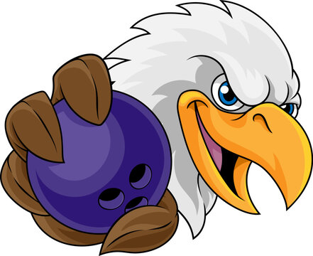 A bald eagle bird bowling ball sports team mascot cartoon character holding a ball.