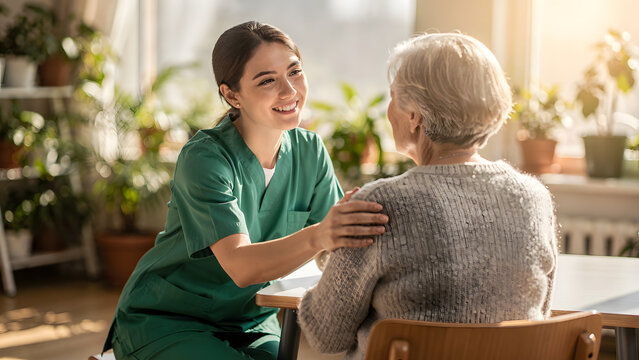 Caregiver Comforting Elderly Woman in Facility