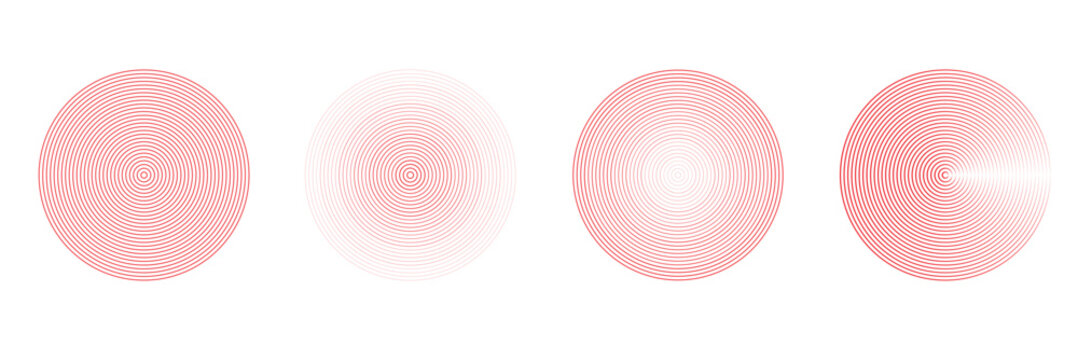 Set of red rings with sound waves, interrupted lines and dots. Rings with radial lines. Radar icon, targets, epicenter. Vector signal concentric vortex circles. Red Rader Circle. Vector graphics.EPS10