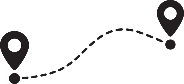 A black and white illustration of a dotted line connecting two map pins