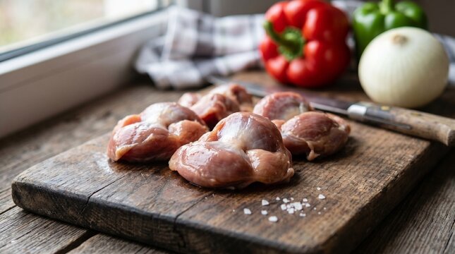 Raw chicken gizzards on cutting board with vegetables