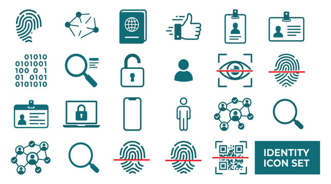 Biometric identity verification and cyber security icon set featuring biometric fingerprint scans, eye retina recognition, corporate id badges, and data privacy graphics