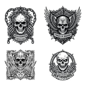 Set of four unique skull logos with ornate designs and text