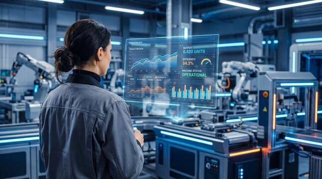 Female Engineer Monitoring Smart Factory Production Data via Holographic Digital Interface, Industry 4.0 Automation