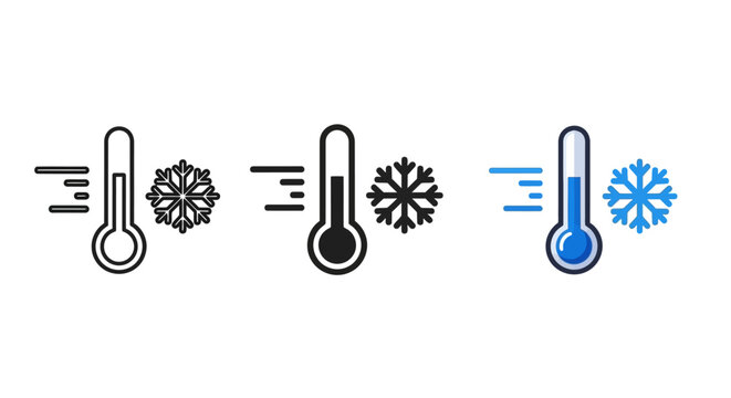 Cold temperature icon set, representing freezing weather conditions with snowflakes and thermometer symbols