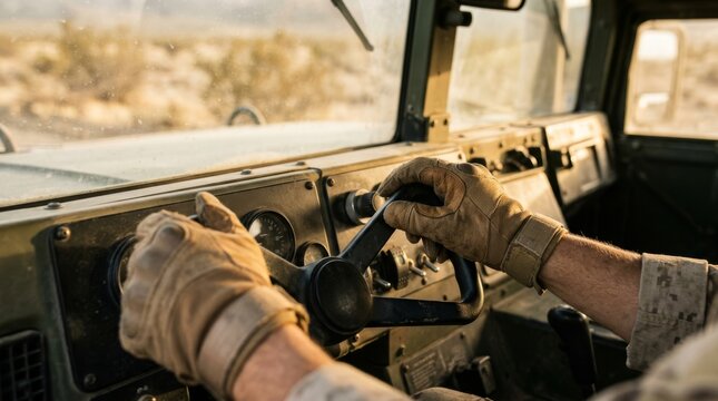 Soldier's gloved hands on steering wheel of military vehicle in desert terrain