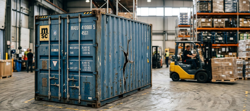 Large blue shipping container placed inside warehouse facility featuring damaged steel wall surface and forklift truck moving wooden pallet cargo load nearby.