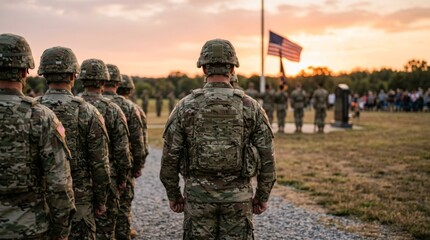 Fototapeta premium Close-up of soldiers in camouflage uniforms standing in formation during a service with the union jack flag and people in the blurry background