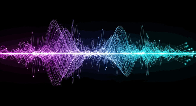 Abstract sound wave visualization in vibrant purple and teal hues on a dark background, showcasing digital audio technology