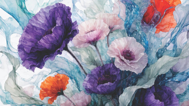 Contemporary abstract floral watercolor featuring layered anemone flowers in purple vector background
