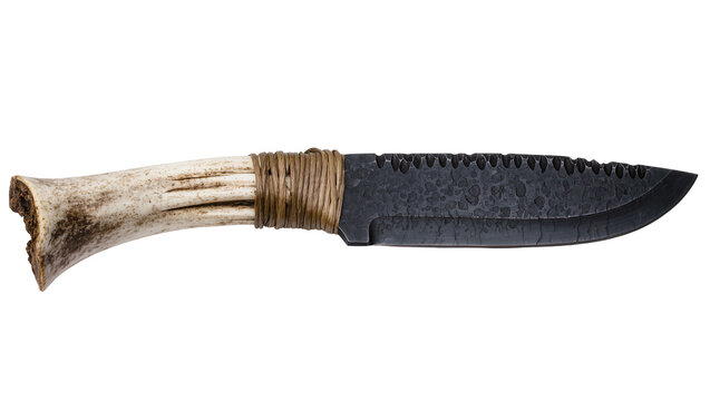 Handmade knife with serrated blade and bone handle wrapped in twine