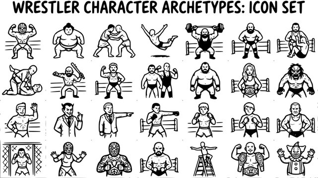 Professional Wrestling Character Archetypes Black and White Line Art Icon Set for Sports Entertainment and Combat Sports Design