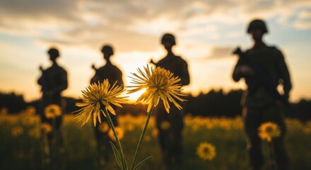 Fototapeta premium The silhouettes of soldiers in a field of flowers at sunset—a symbol of conflict set against a backdrop of natural beauty and hope.