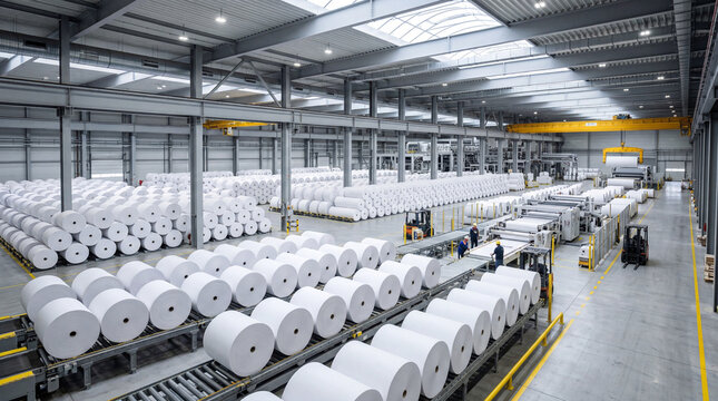 High‑Tech Paper Production Facility, Rows of Giant Paper Rolls in Modern Industrial Factory