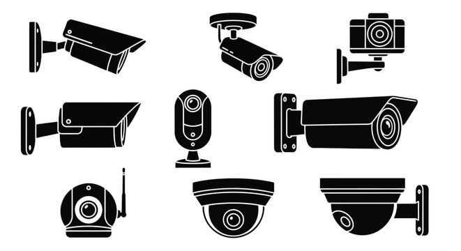 Security camera icon set, black silhouette CCTV surveillance system vectors, 9 professional monitoring equipment symbols for home and business safety