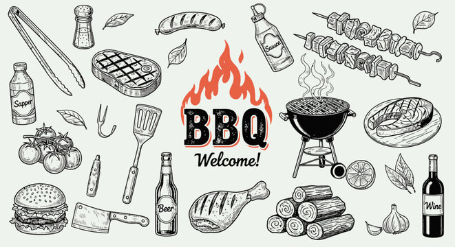 Vintage BBQ hand drawn vector set, retro barbecue grill and meat icons, rustic outdoor cooking elements for restaurant menu design