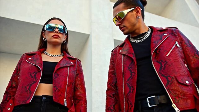 Two people in red snake print leather jackets